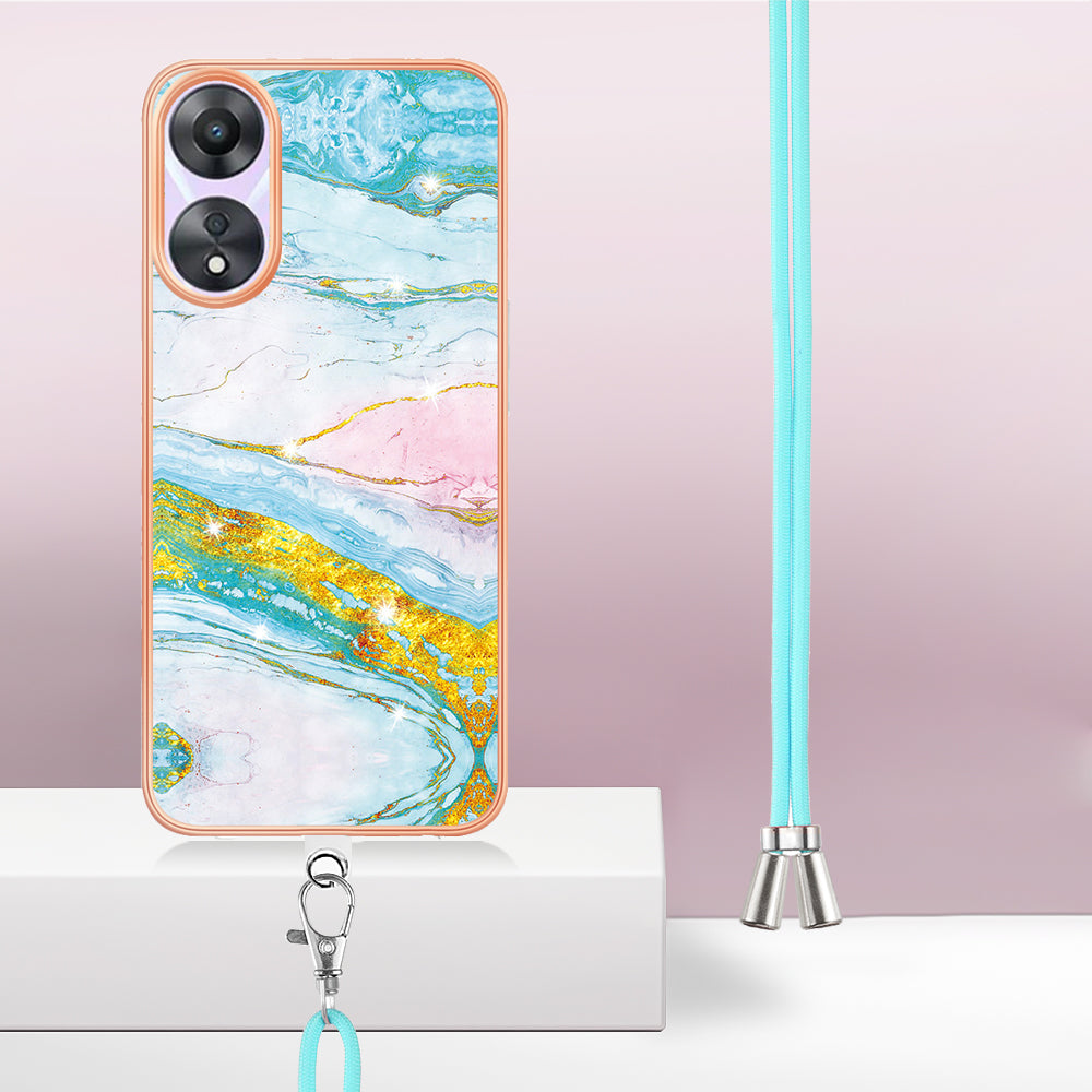 YB IMD Series-9 For Oppo A78 / A58 5G Electroplating Frame TPU Cover IMD Marble Pattern Phone Case with Lanyard - Green 004 YB IMD Series-9 For Oppo A78 / A58 5G Electroplating Frame TPU Cover IMD Marble Pattern Phone Case with Lanyard - Green 004